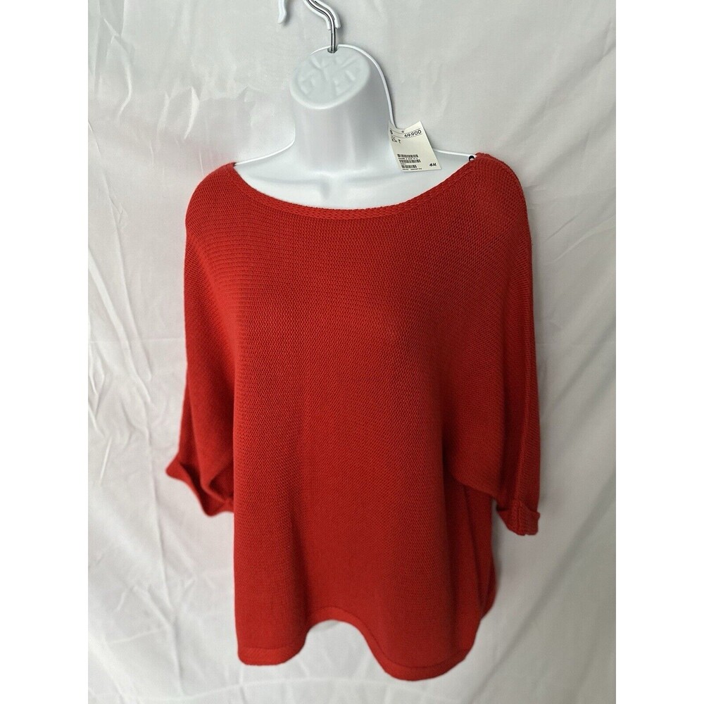 H&M, Women’s Red Purl Knit Wide Neck Sweater/top With 3/4 Cuff Sleeve Size L